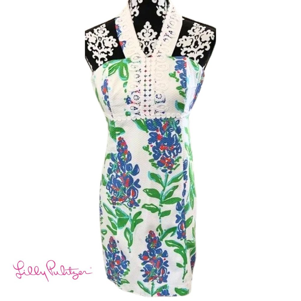 Lilly Pulitzer Isabel Dress Halter Floral  Women’s Sz 0 Cotton Lined White Multi